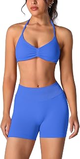 Womens Seamless Workout Sets 2 Piece Strappy Halter Sports Bra Scrunch Butt Shorts Gym Yoga Outfits