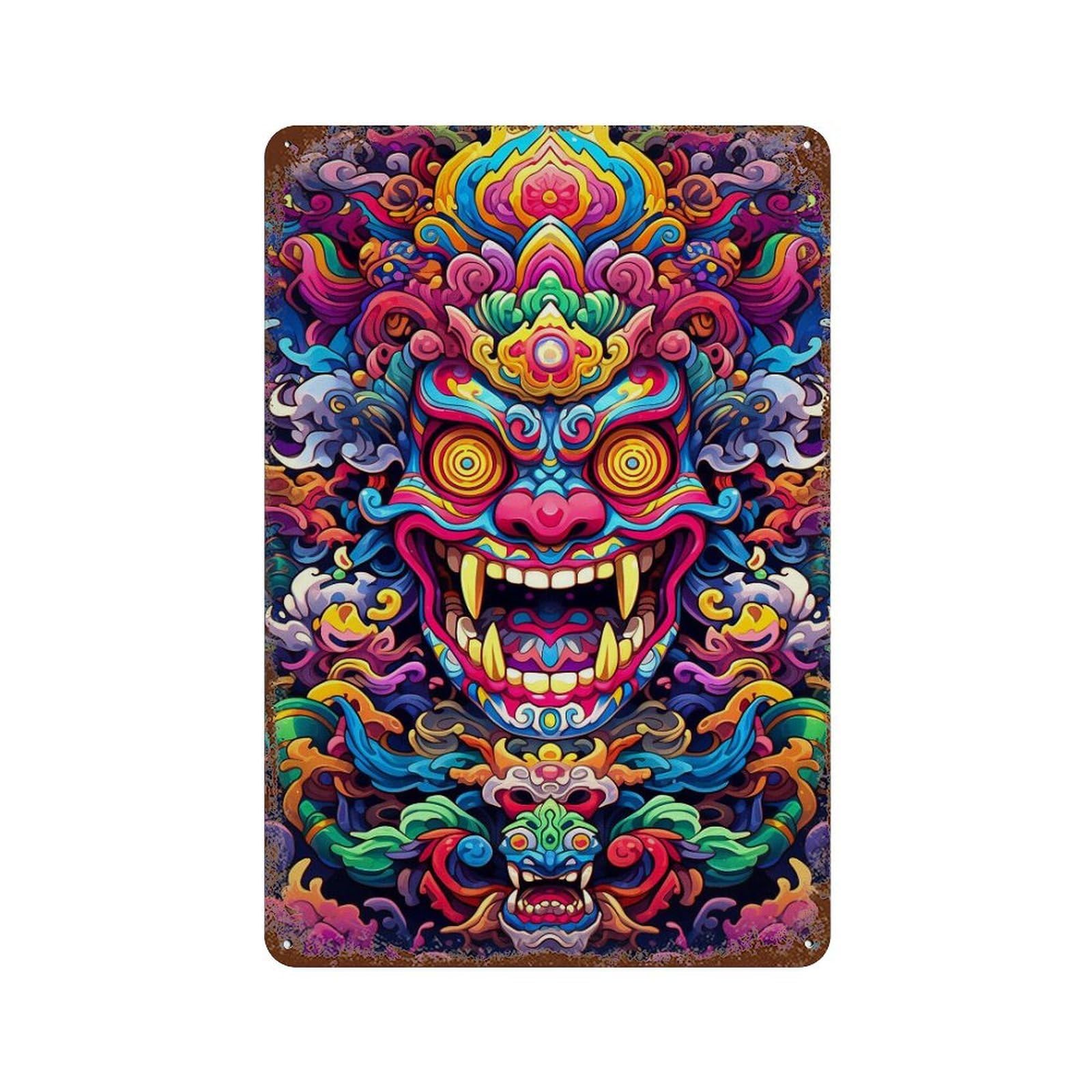 Rust Effect Colorful Demon Mask Artwork Rusty Metal Tin Sign 11.8"x7.9", Industrial Home Decor for Living Room, Hallway And Home Decor