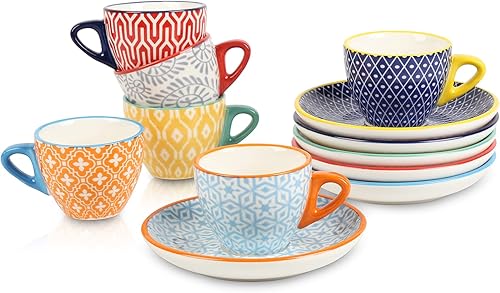 Selamica Ceramic 2 oz Espresso Cups, Small Expresso Coffee Cup Set with Saucers, Porcelain Mini Demitasse Cups for Latte Mocha Tea, Set of 6,