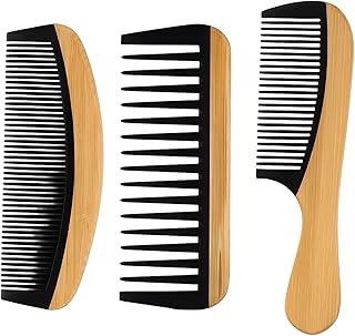 3-Piece Bamboo Wide Tooth Comb Set - Wooden Wide Tooth Comb for Women, Anti-Static Detangling Hair Comb for Curly/Wet/Thick Hair with Bakelite Teeth