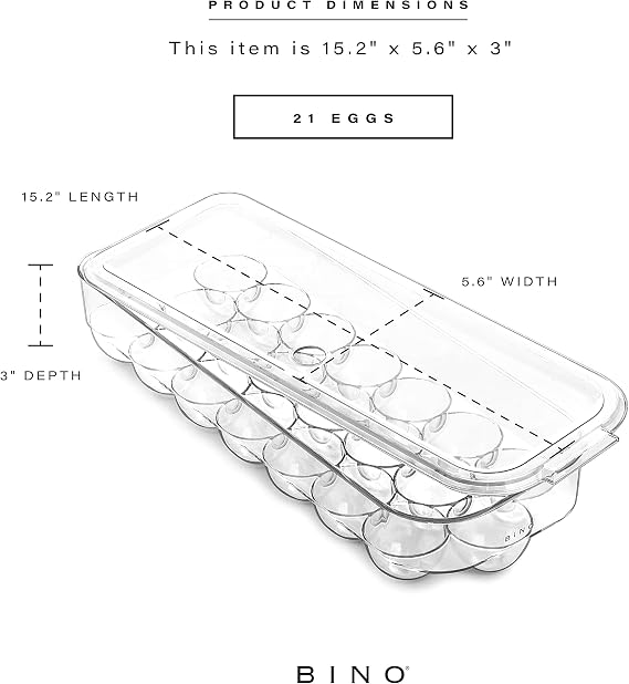 BINO Plastic Egg Container for Refrigerator - Clear, 21 Count, Sturdy, Durable