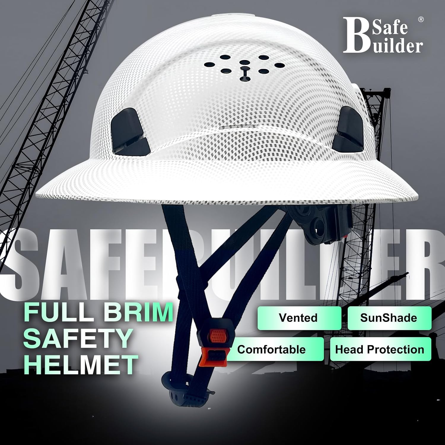 SAFEBUILDER Full Brim Hard Hats Construction Hardhats Safety Helmet Vented Adjustable Lightweight Sunshade Work Caps Industrial Head Protection ANSI Approved