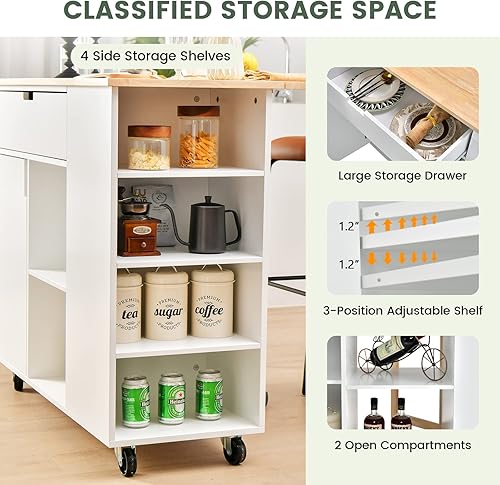 Miniatura 6 de LOKO Isla de cocina con hoja caída, carrito de almacenamiento de cocina rodante con cajón, gabinete, 6 estantes abiertos, estante de especias y