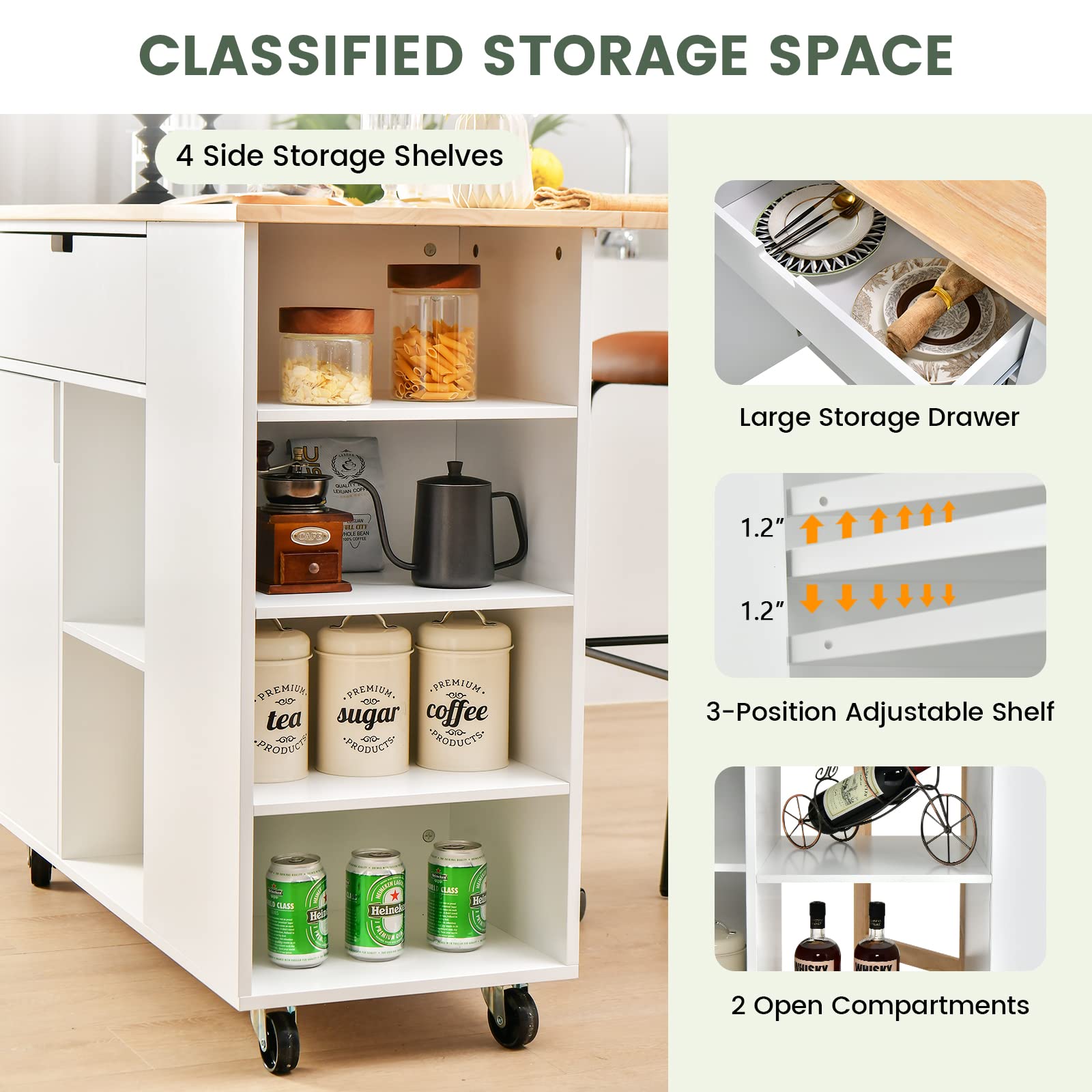 GIANTEX Carrito de Cocina con Isla, Carros de Servicio Rodante de Madera con Hoja, Cajón, Toallero y Portaespecias, Multiusos con Ruedas para Cocina y Comedor (Blanco)