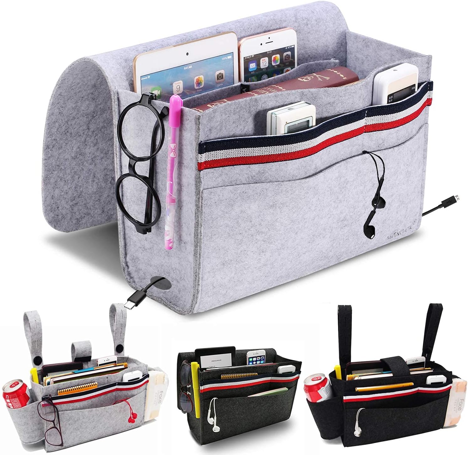MANGATA Bedside Pocket, Bedside Storage Organiser Caddy Non-Slip with 5 Pocket Remote Control, Mobile Phone, Glasses, Light Grey
