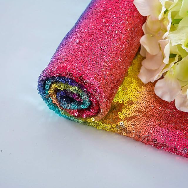 ShinyBeauty Fabric Rainbow Sequin Fabric 1 Yard Material Fabric Dressmaking Fabric Glitter Fabric by The Yard Sewing Fabric Multicolor Material for Wedding Party Decoration