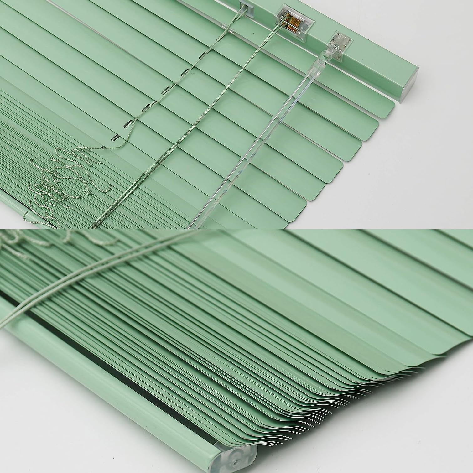 Jasnozielone aluminiowe weneckie bli, wodoodporne, poziome es do kuchni, sypialni i biura, zaciemniające zasłony okienne z akcesoriami, rozmiar 150 x 230 cm