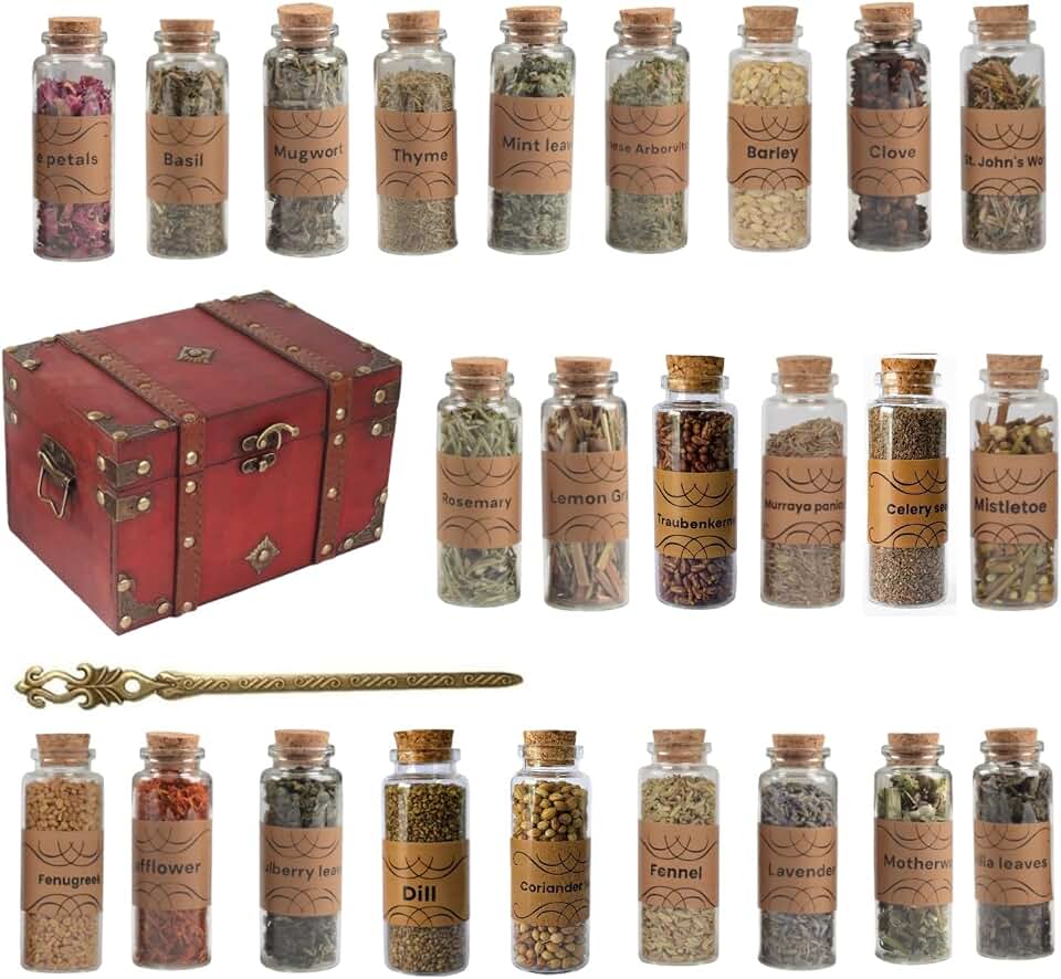 Set de hierbas secas en caja de madera vintage Botellas de vidrio con etiquetas y varilla metálica – Para rituales, altar, decoración espiritual, meditación, regalo esotérico (Set de 24 Hierbas Secas)
