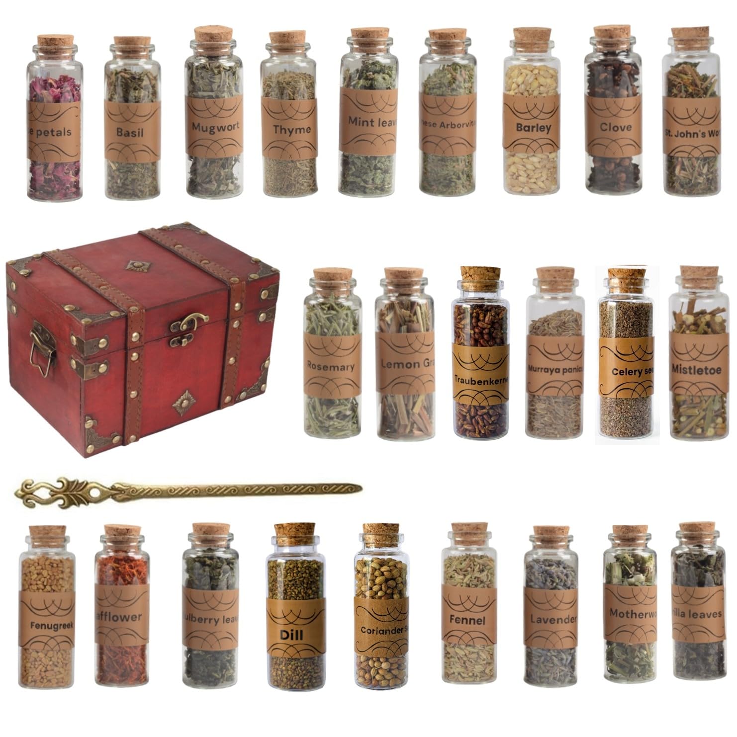 Kräuter Set im Vintage Holzkoffer – 100% Reine Naturkräuter getrocknet im Glas mit Korken & Zange – Geschenkbox für Rituale, DIY, Hexen, Duftsäckchen & Deko (24er Kräuterset)