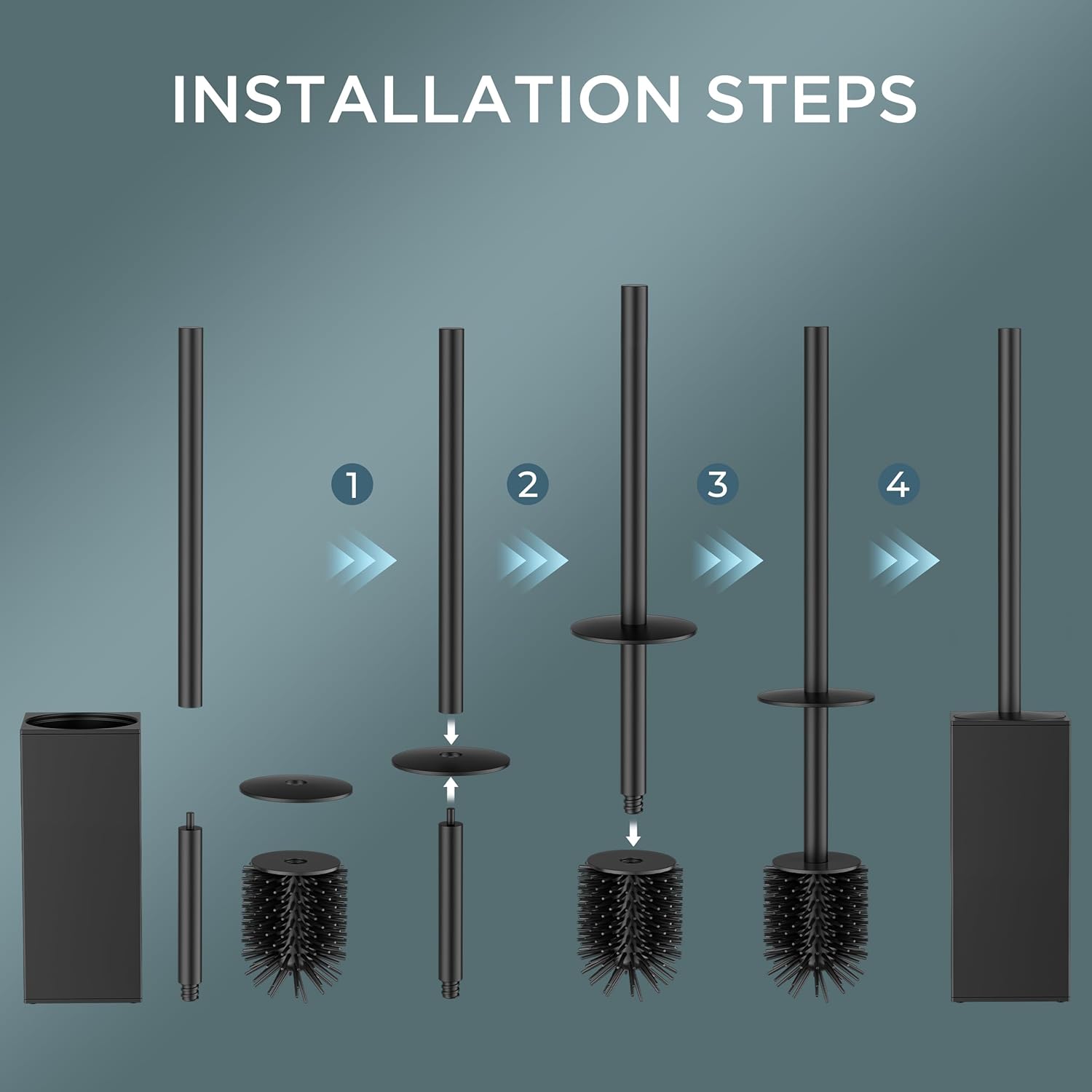 FORIOUS Toilet Brush and Holder Set, Heavy Duty 304 Stainless Steel Base Square and Long Handle for Bathroom Deep Cleaning, Drip-Proof, Space Saving for Storage, 2 Toilet Bowl Brush Head, Black