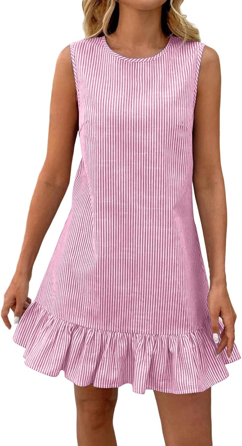 Summer Dresses for Women Cotton Linen Elegant Sleeveless Midi Dress Crew Neck Striped Beach Vacation Sundress