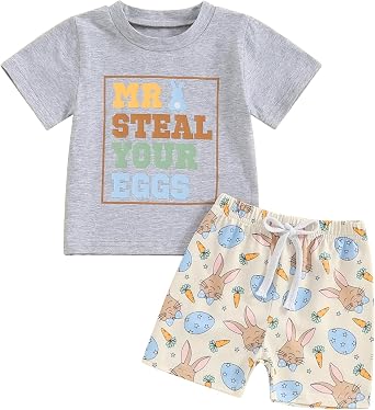 Hnyenmcko Toddler Baby Boy Easter Outfits Bunny Letter Print Short Sleeve T-Shirt and Casual Shorts Sets 2Pcs Summer Clothes