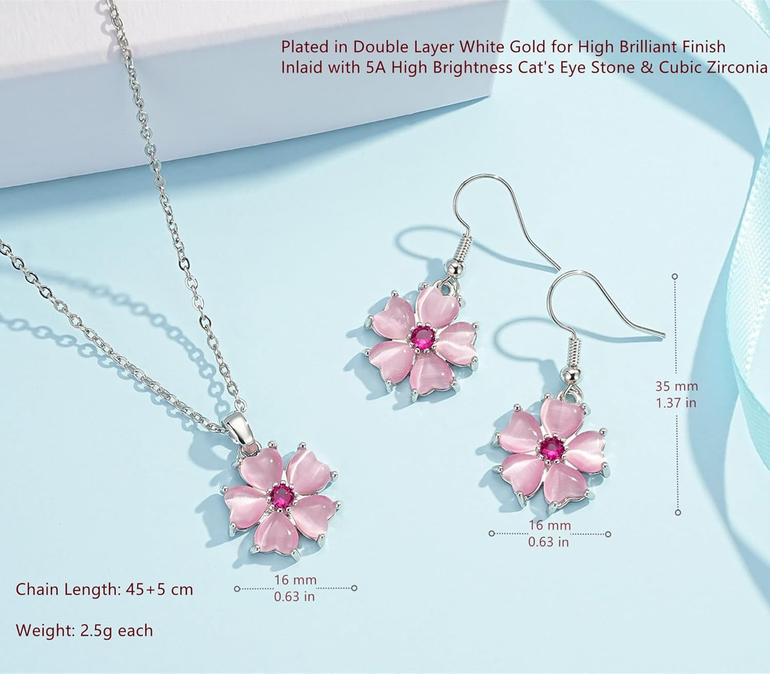 VONSSY Elegant Cherry Blossom Necklace Earrings Pink Cats Eye Flower Flora Sakura Gemstone Crystal Pendant 18k Gold Plated Chain Jewelry Set Gift for Woman Wife Girlfriend