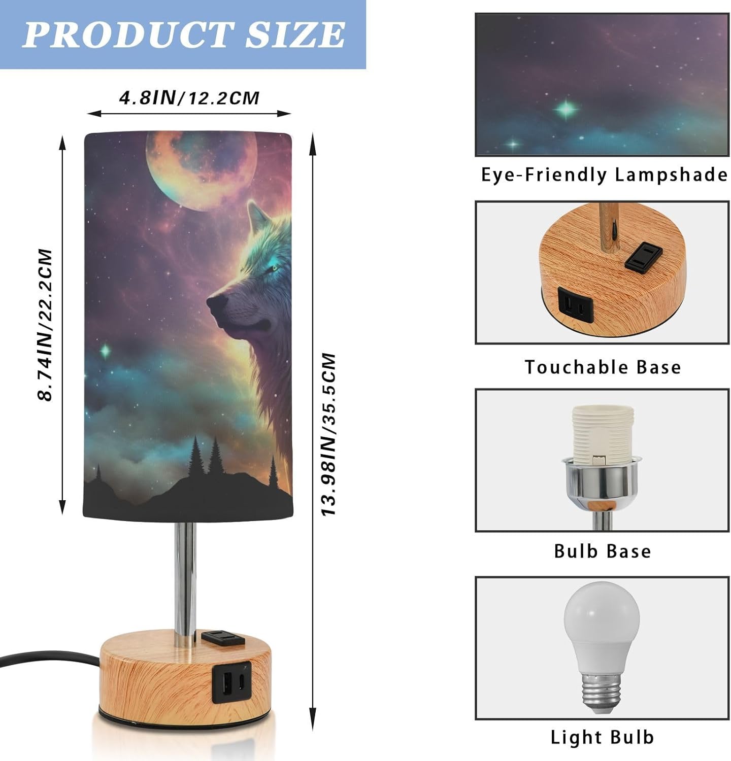 Qilmy 3-Way Dimmable Touch Control Table Lamp, Galaxy Wolf Bedside Lamp with USB Port, Modern Nightstand Lamp with Linen Shade & Warm LED Bulb for Bedroom, Office, Living Room