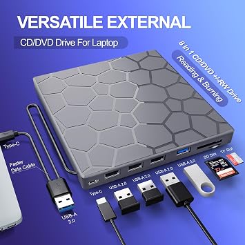 BPAKDU External CD/D1VD Drive for Laptop, DVD Player for Laptop, 8 in 1 USB 3.0 Ultra-Slim Portable (gunmetalgrey)