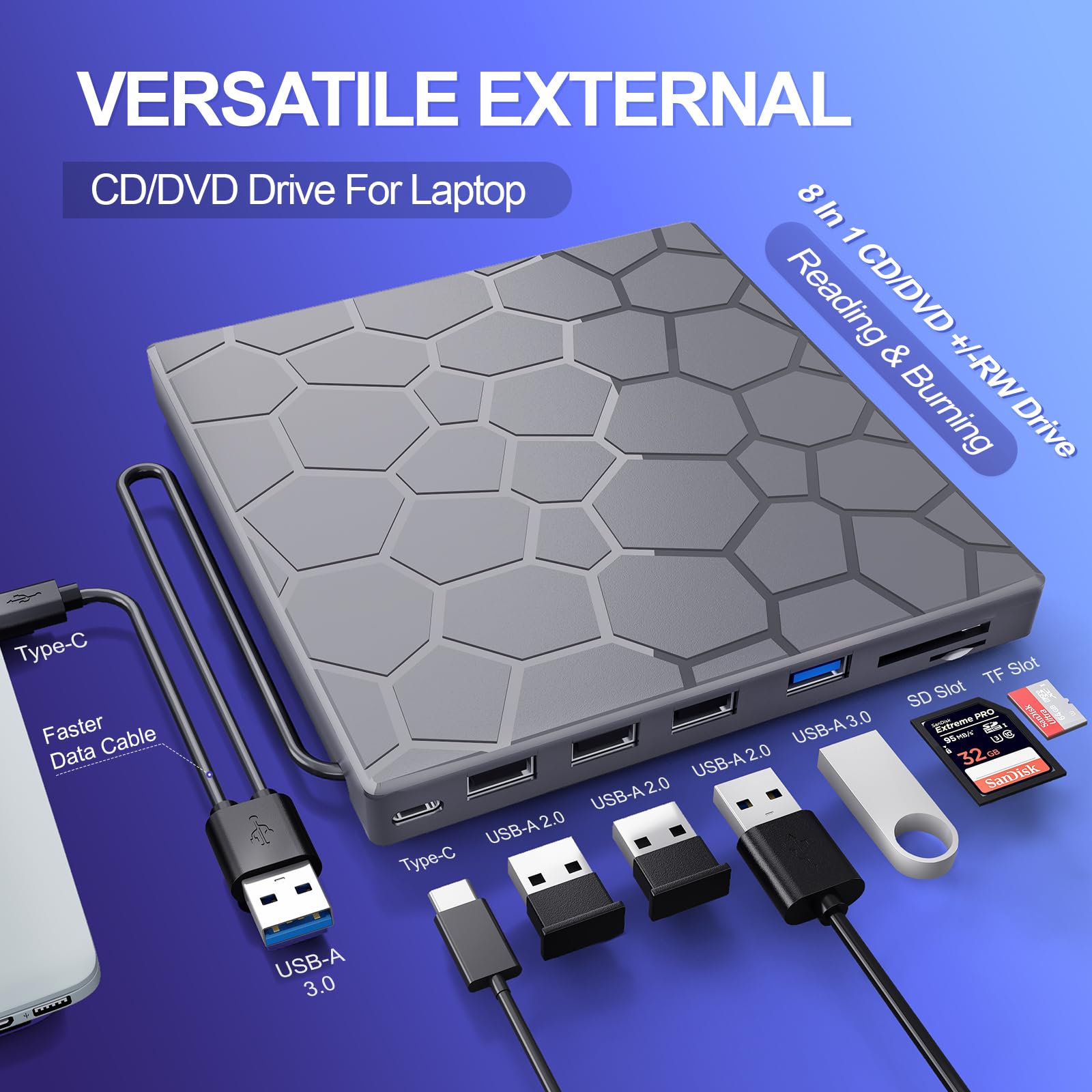 BPAKDU Lecteur CD/D1VD externe pour ordinateur portable, lecteur DVD pour ordinateur portable, 8 en 1 USB 3.0 ultra fin portable (gris métallisé)
