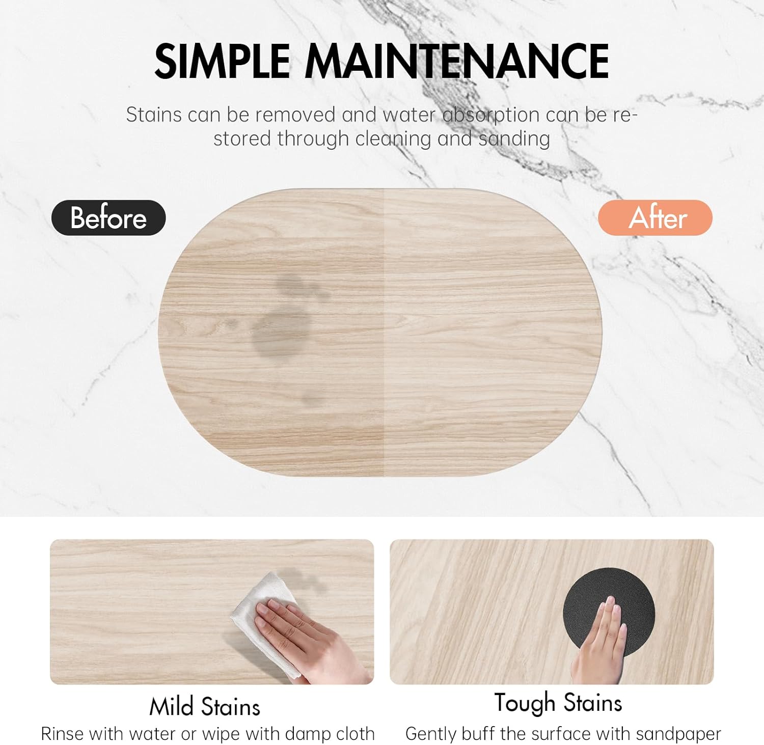 Stone Bath Mat for Bathroom|Diatomaceous Earth Bath Mat|Quick Dry Water Absorbing Bath Stone Mat Large|Non-Slip Bathroom Shower Rug|Easy to Clean (24×16'', Wood Grain, Oval) - Image 6