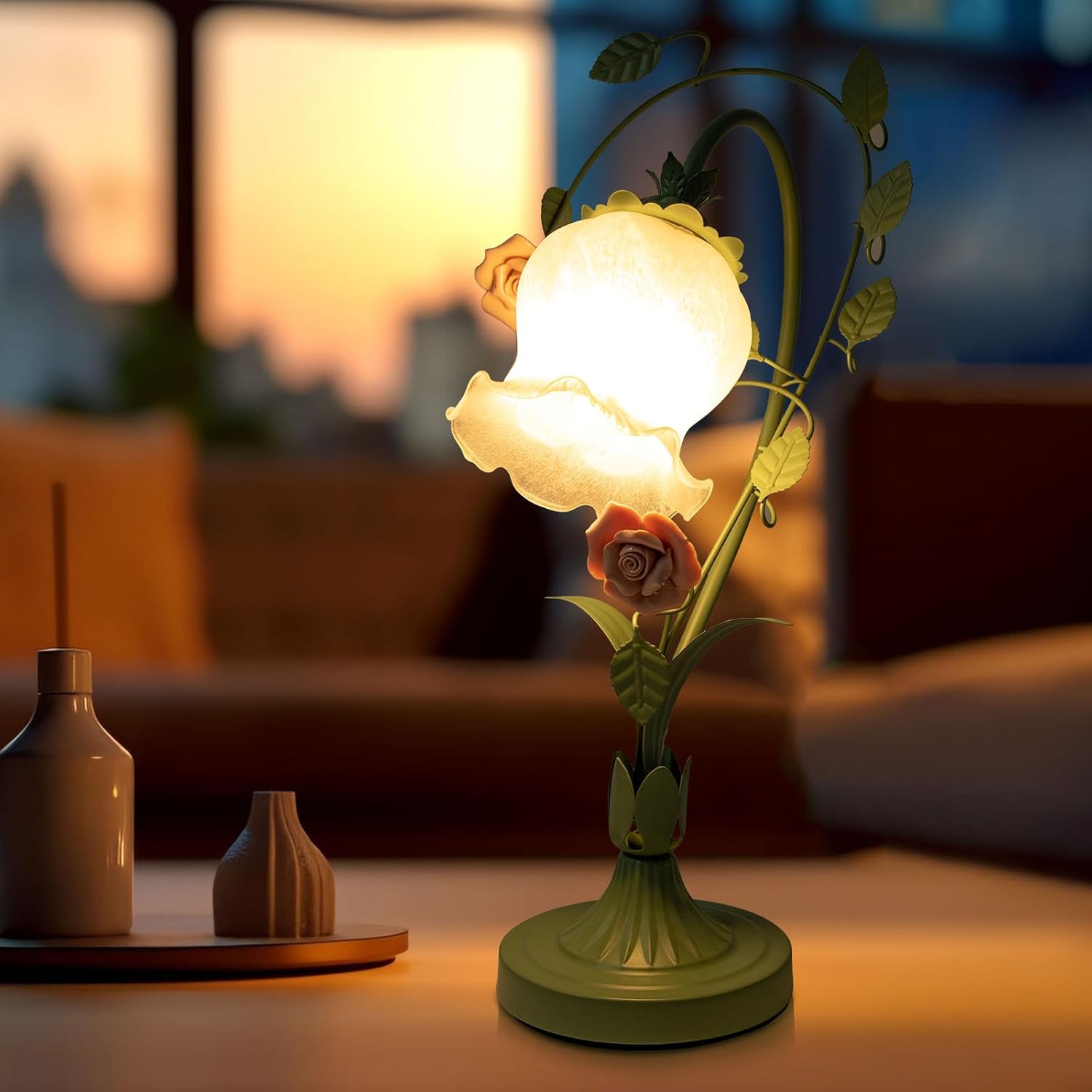 Rose Flower Glass Table Lamp, 17" Tall Bedside Lamp Stained Glass Lampshade Flower Desk Reading Lamps, Nightstand Ceramics Floral Desk Light E26 Bulb for Bedroom Living Room Dresser (Green, Pink)