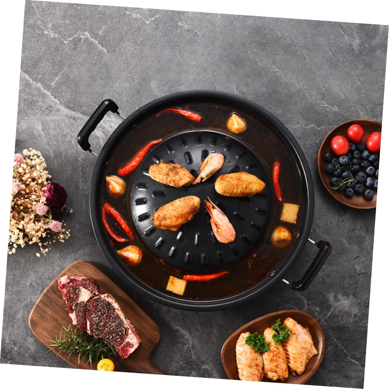 Zerodeko Grill Pan Multi Function Barbecue Frying Tray with Double Handles for Outdoor Restaurant Use Suitable for Meat Vegetables Fish Shrimp Cooking