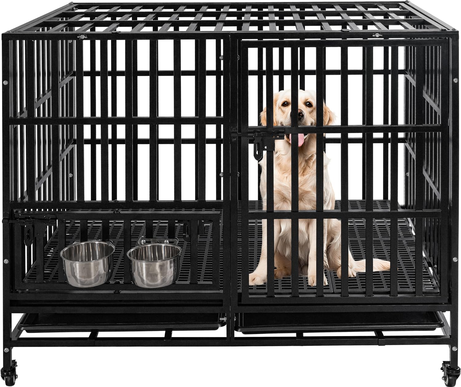 50 inch heavy duty dog crate - indestructible steel kennel for large dogs, dog kennel indoor 360° rotating bowls, double door lockable xl dog cage with wheels & removable tray protective base plate missing a few small pieces of hardware, easily replaced 