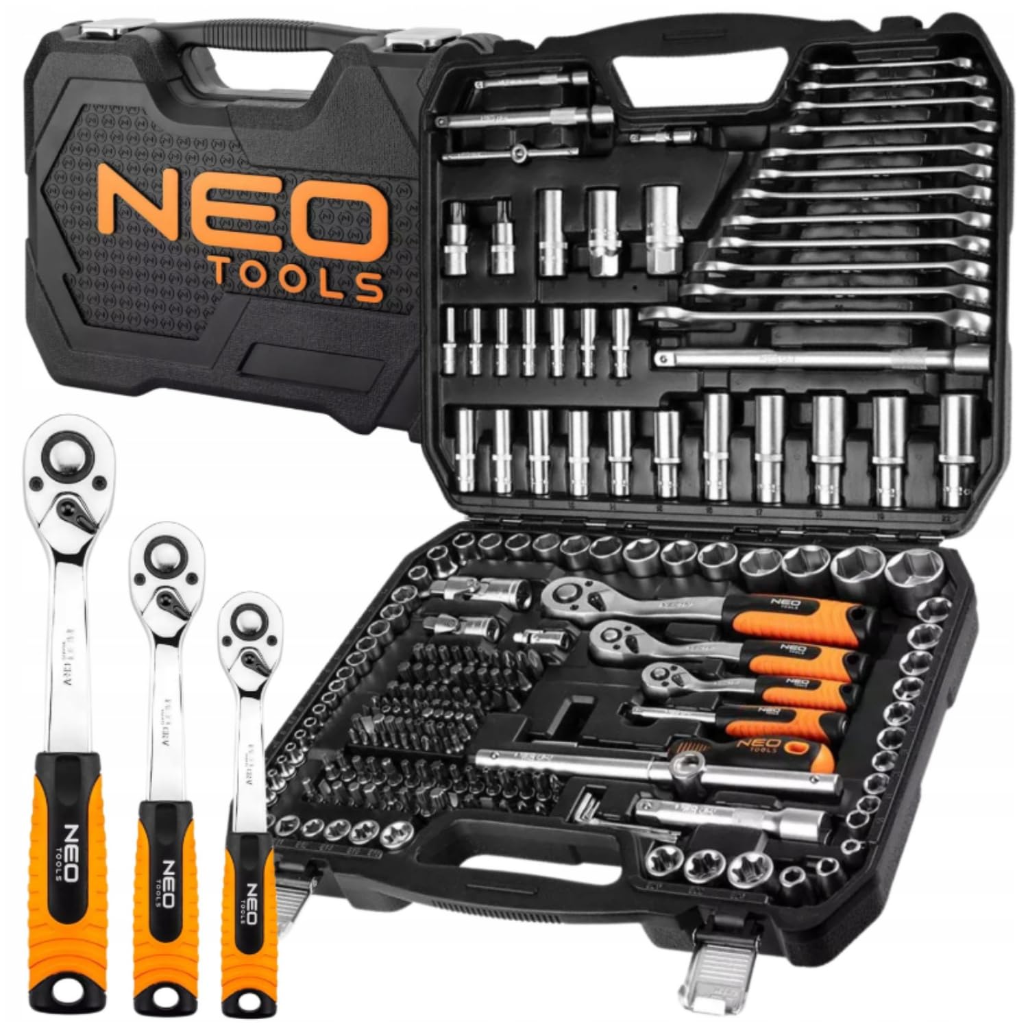 NEO TOOLS Zestaw Kluczy 216 Elementów 1/2", 3/8", 1/4" w Wytrzymałej Walizce | Klucze Nasadowe, Wkrętaki, Imbus, Grzechotki | Kompletny Zestaw do Warsztatu, Garażu, dla Majsterkowicza