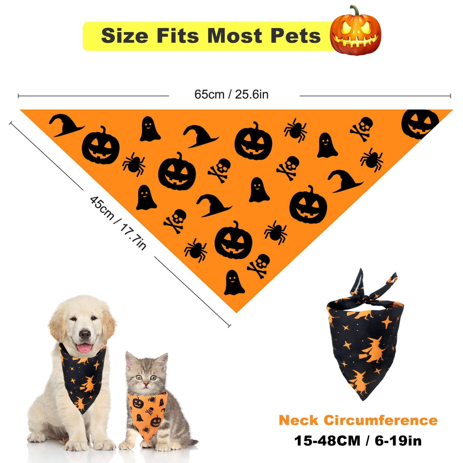 Washable Halloween Witch Pumpkin Pattern Dog Scarf, 2pcs Adjustable Triangle Cat Dog Neckerchief - Image 2