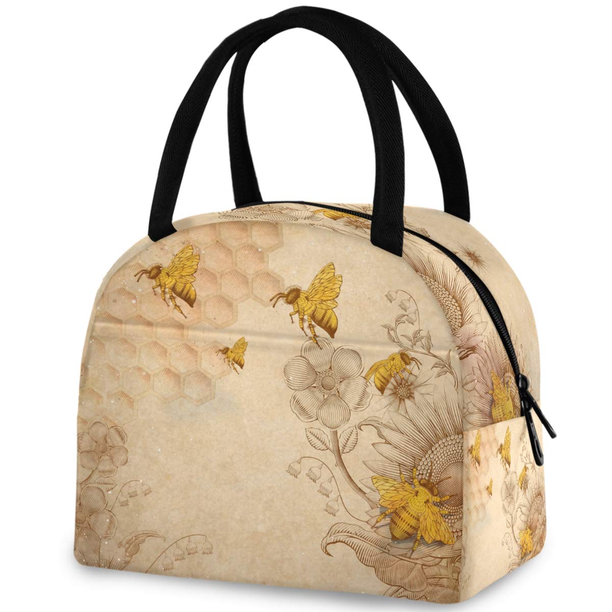 ZzWwR Rural Honey Bees Wildflowers Reusable Lunch Tote Bag, Insulated Water-resistant Thermal Cooler Bag for Man Women Picnic Boating Beach Fishing