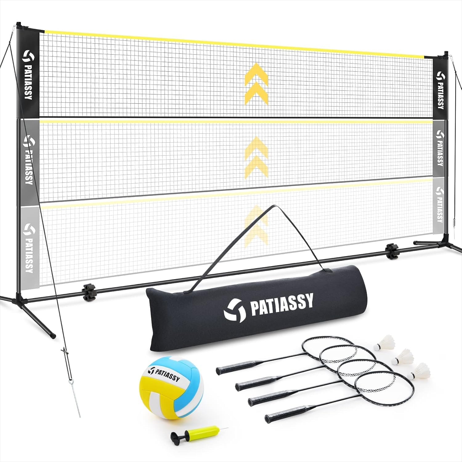 17ft Volleyballnetz Mit Stangen, Badminton Netz Set Mit 4 Badmintonschlägern 3 Gänsefederbälle 1 Volleyball Für Outdoor Höhenverstellbar
