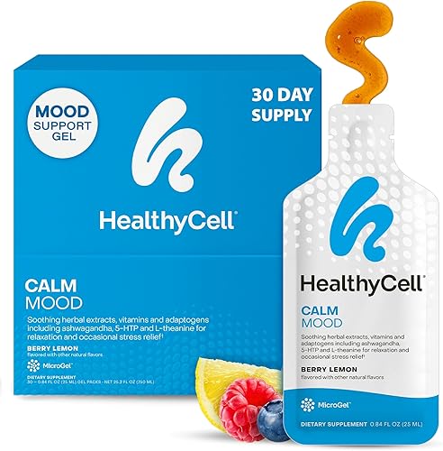 Healthycell Suplemento líquido diario Calm Mood - Manager de cortisol y suplemento de apoyo del estado de ánimo para el estrés con Ashwagandha,