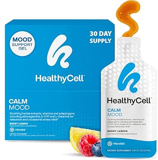 Healthycell Calm Mood Daily Liquid Supplement - Cortisol Manager & Mood Support Supplement for Stress with Ashwagandha, L-Theanine, Magnesium, 5-HTP, GABA & Saffron - 30 Gel Packs
