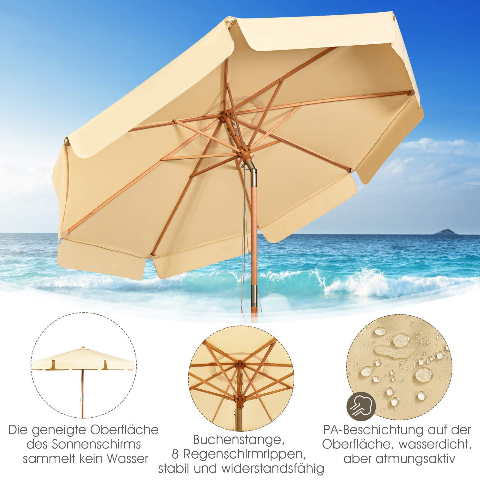 GOPLUS Sonnenschirm Holz 300cm, Gartenschirm beideseitig um 30° knickbar, UV 50+, Terrassenschirm, Marktschirm, Balkonschirm, Strandschirm mit 8 Rippen, Tischschirm für Garten Balkon Hof