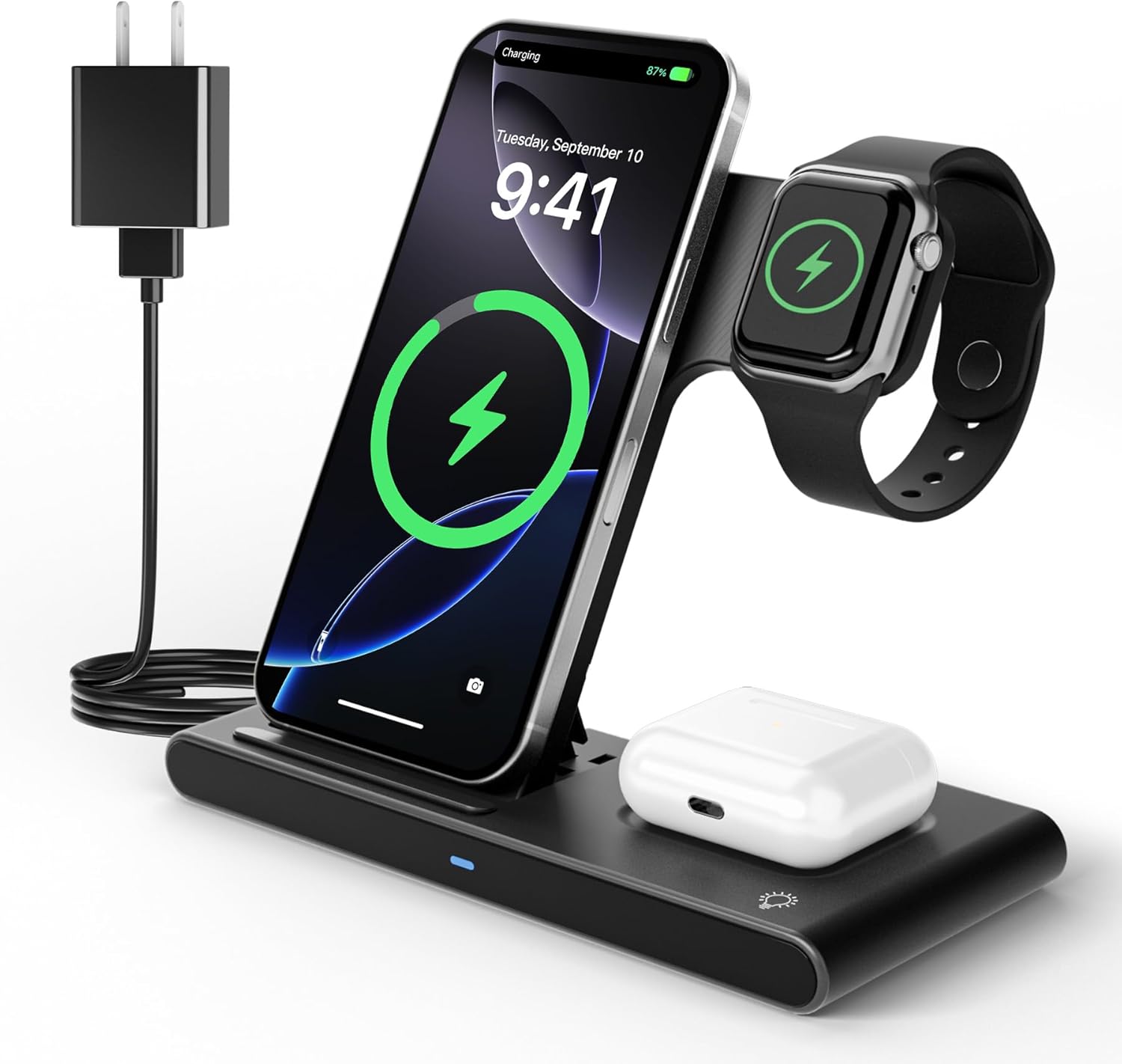 3-in-1 Charging Station for iPhone: Wireless Charger for iPhone 16e 16 15 14 13 12 11 Pro Max - for Apple Watch 10 to 2 Ultra&SE - for AirPods 4 3 2 Pro - Qi Fast Charger Portable Travel Nightstand
