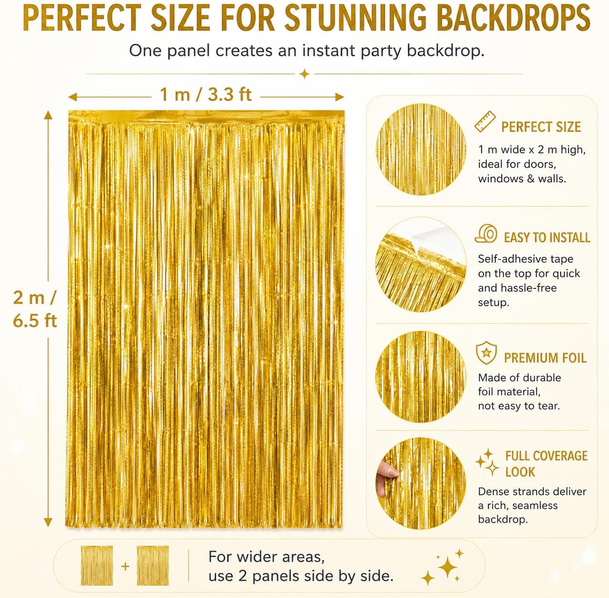 Pack of 2 Tinsel Curtains, Metallic Tinfoil Lead Tinsel, Party Curtain Photo Background, Bright Colourful Photo Booth Accessories, Foil Streamers Decoration for Celebrations, Party, Gold