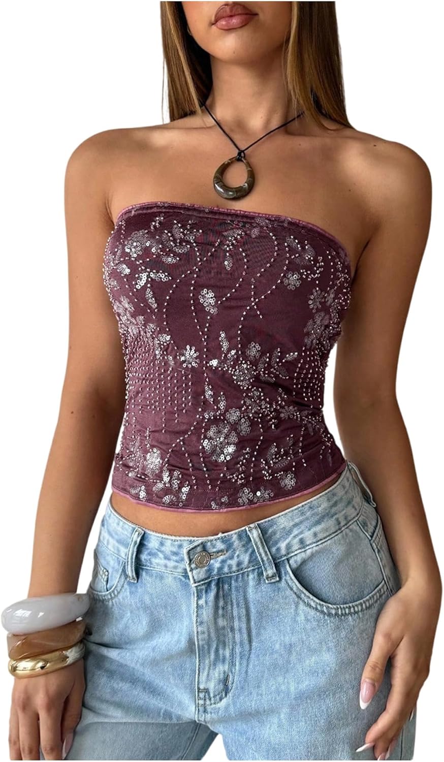 Floerns Women's Y2K Sequin Strapless Tube Top Backless Crop Bandeau Tops Going Out Outfit