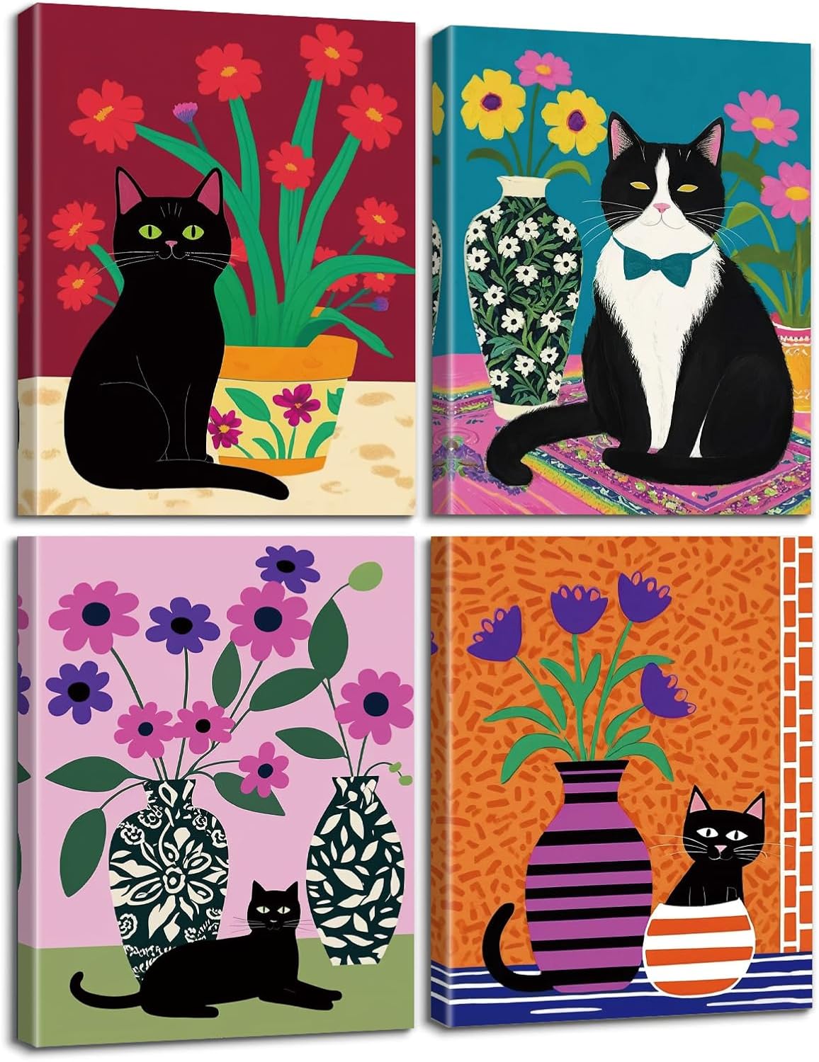 Set of 4 Fun Black Cat Wall Art Abstract Flower Canvas Posters, Colorful Fashion Flower & Cat Art Prints for Bedroom Bathroom Children's Room Home Decor, Framed 8x10 Inches