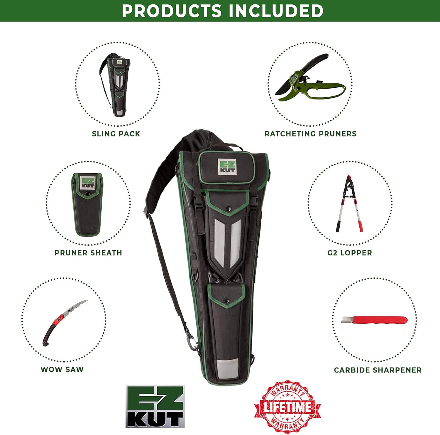 EZ Kut G2 Fully Loaded Sling Pak- Garden Tool Organizer Packed with EZ Kut Gardening Tools - Pruning Shears for Gardening- Loppers & Pruners Heavy Duty - WOW Garden Saw - Pruner Sheath