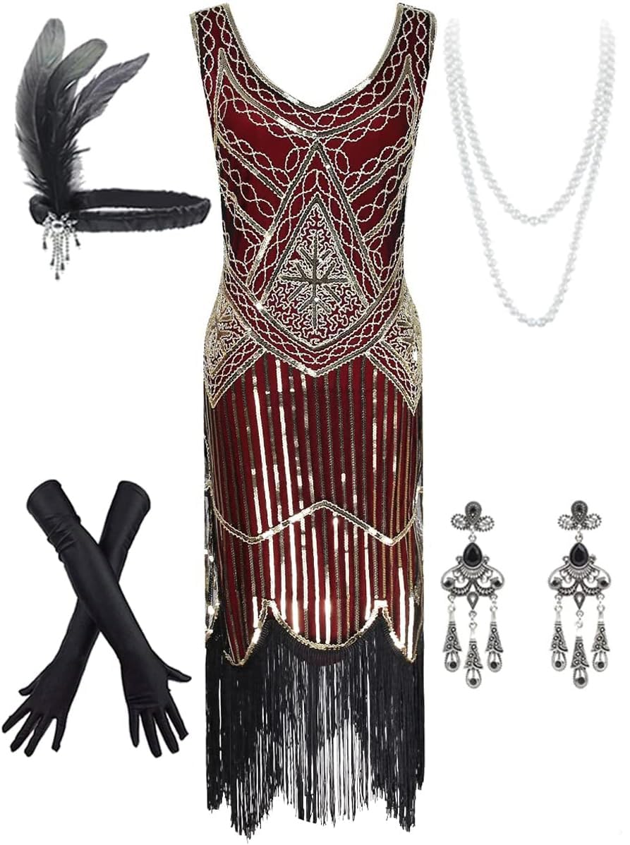Women's Vintage 1920s Sequin Beaded Tassels Hem Flapper Dress w/Accessories Set