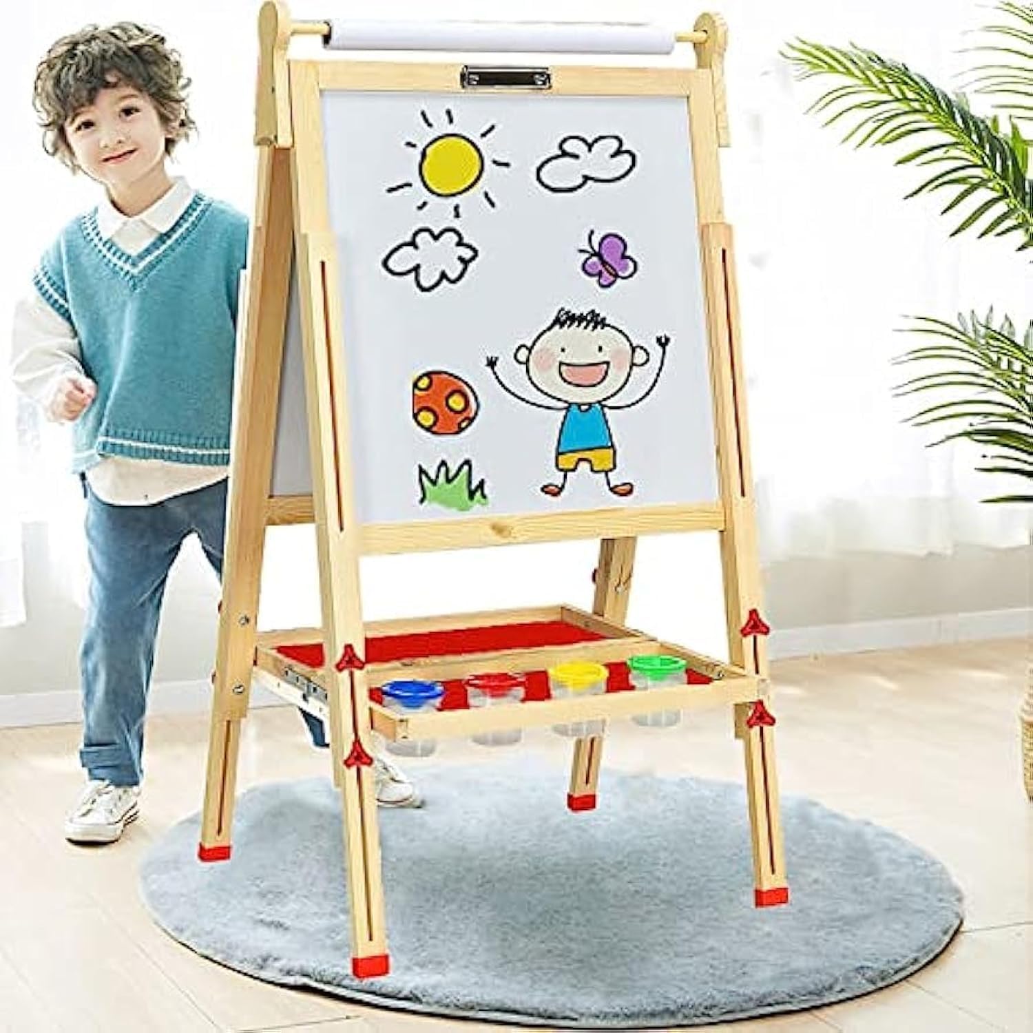 Skade Easel for Kid,Height Adjustable Wooden Art Easel,Whiteboard Chalkboard with Paper Roll Holder,Letters and Numbers Magnets and Other Accessories Best Birthday Gift for Kids