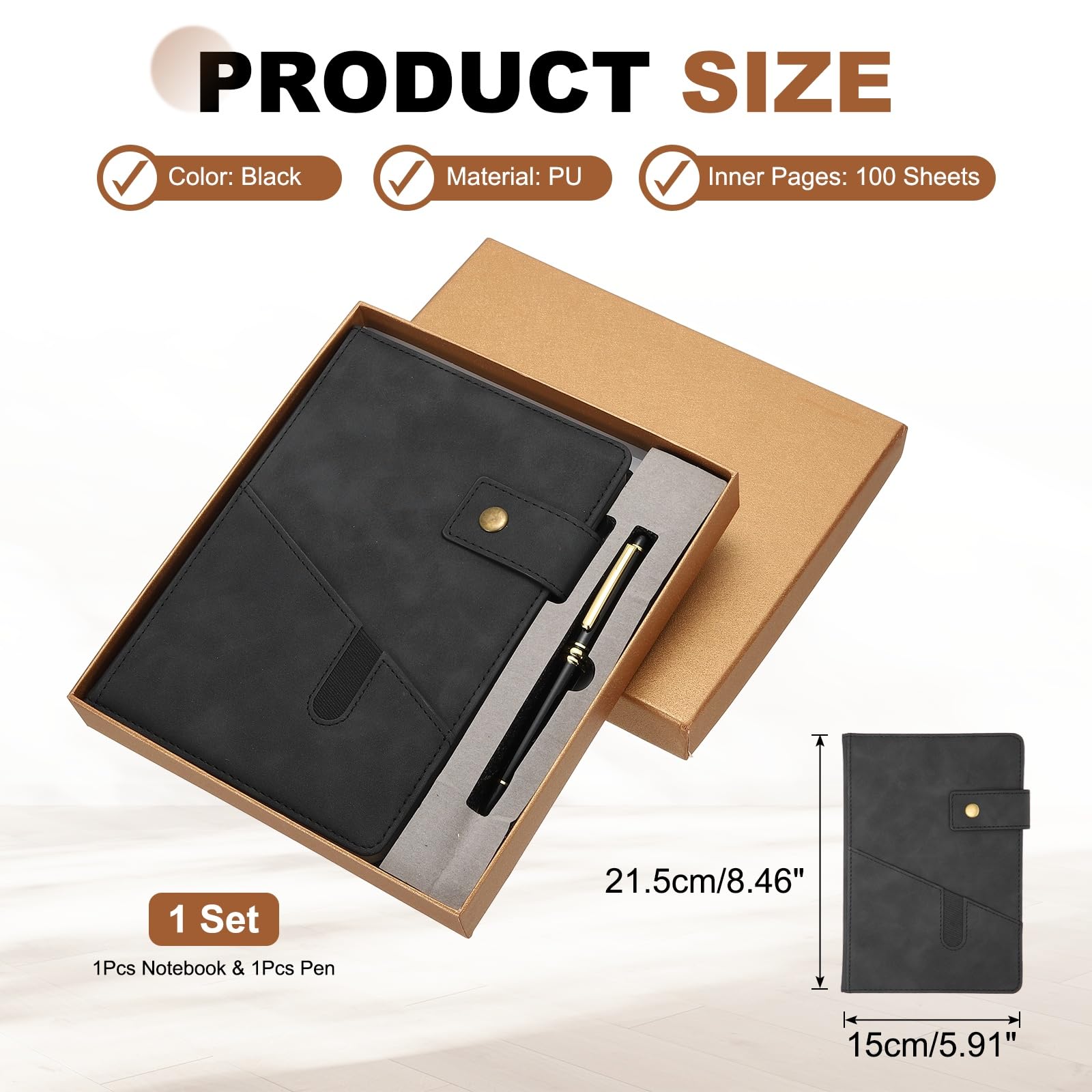 PATIKIL Diario A5 a righe in pelle, 100 g/m², 200 pagine, 15 cm x 21,6 cm, diario giornaliero con copertina rigida e penna, per riunioni, interviste, lavoro, nero