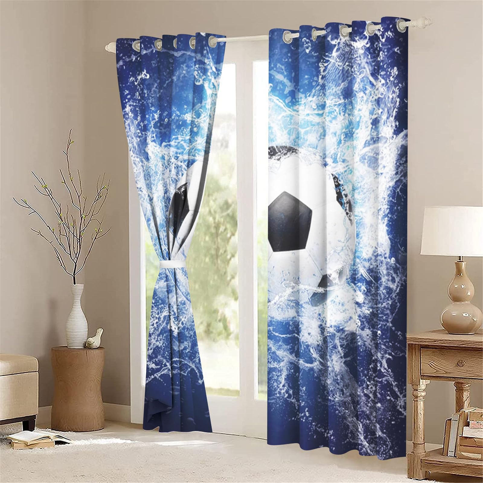 CHEFFS Fußball Gardinen Verdunklungsgardine Ösen Für Schlafzimmer, Fußball Vorhänge Blickdicht Verdunkelungsvorhang Fußball Für Kinderzimmer (1,150 x 166cm(2X75X166cm))