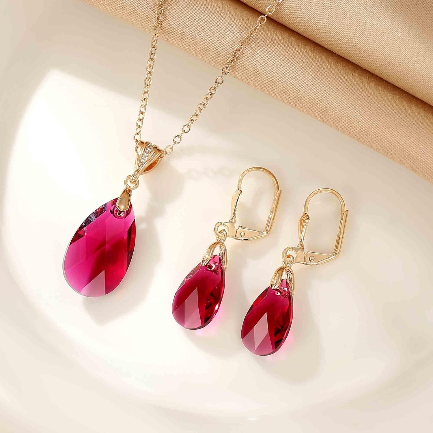 EVEVIC Austrian Crystals Teardrop Pendant Necklace Earrings for Women 14K Gold Plated Hypoallergenic Leverback Drop Dangle Earrings Jewelry Set - Image 3