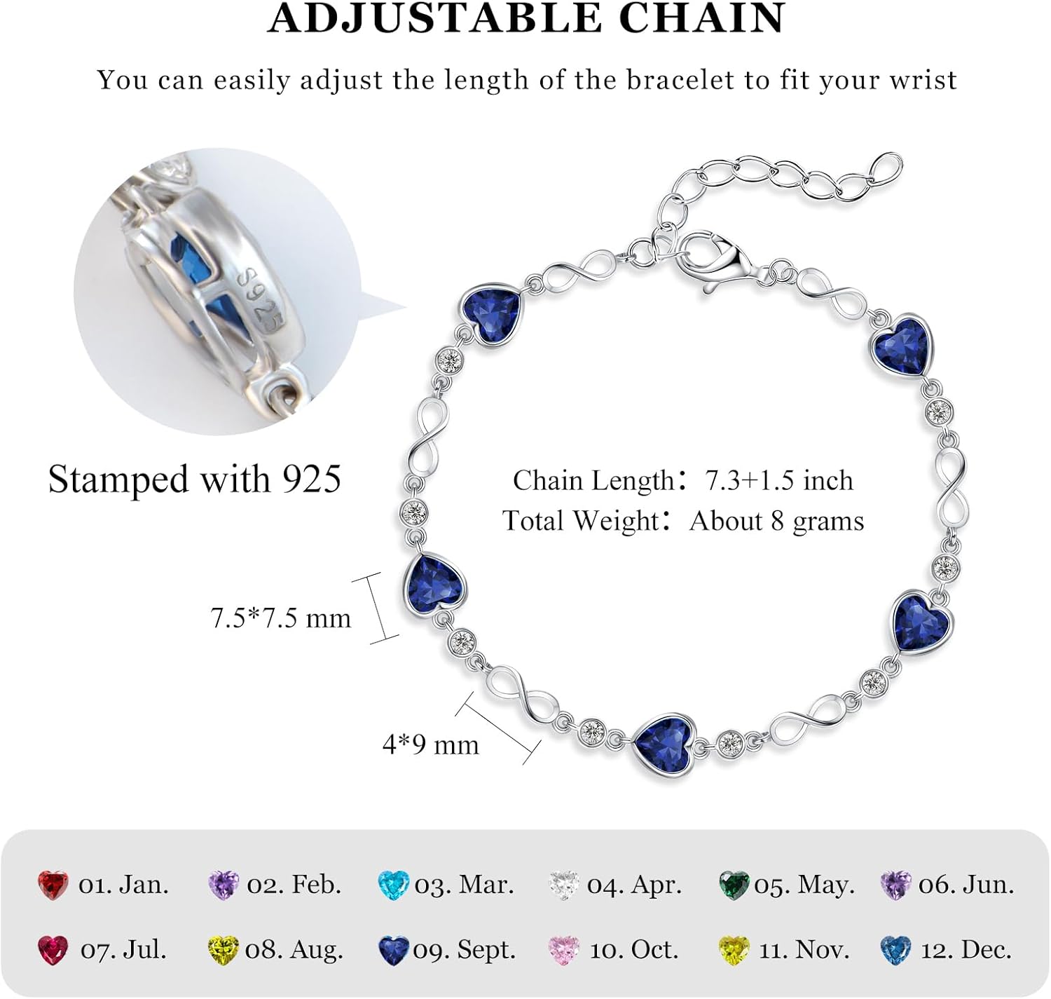 Valentine's Day Gift for Her | Sterling Silver Birthstone Bracelet for Women | Ideal Birthday Anniversary Jewelry | 14k G Plated Infinity Heart Link Adjustable Bracelet, Gifts for Wife Mom Girlfriend - Image 5