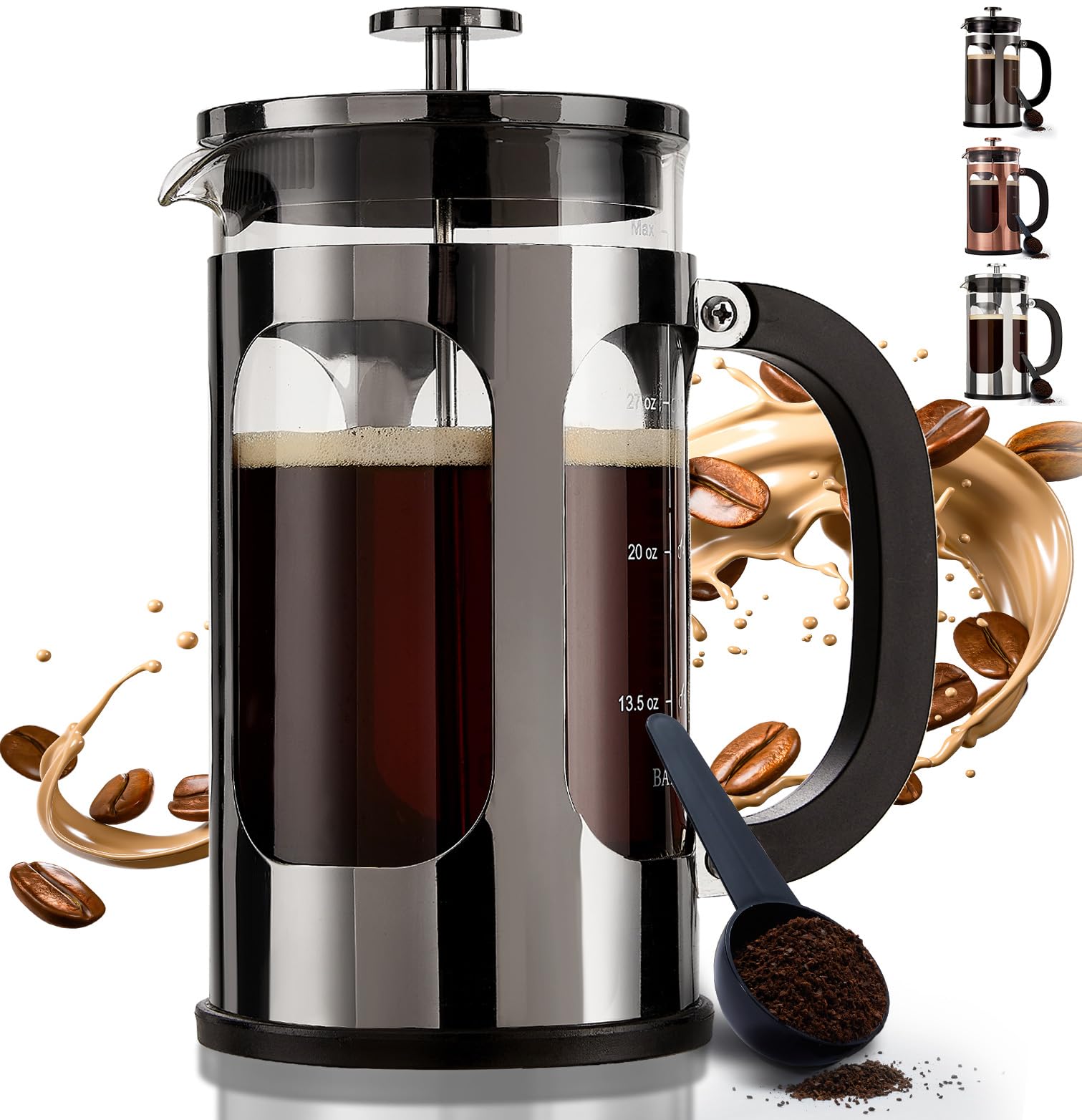 BAYKA French Press Coffee Maker 34 Ounce 1 Liter, Borosilicate Glass Stainless Steel Brewer, Large Portable Cold Brew Cafetera Teapot for Kitchen Travel Camping Coffee Bar Accessories, Dark Pewter