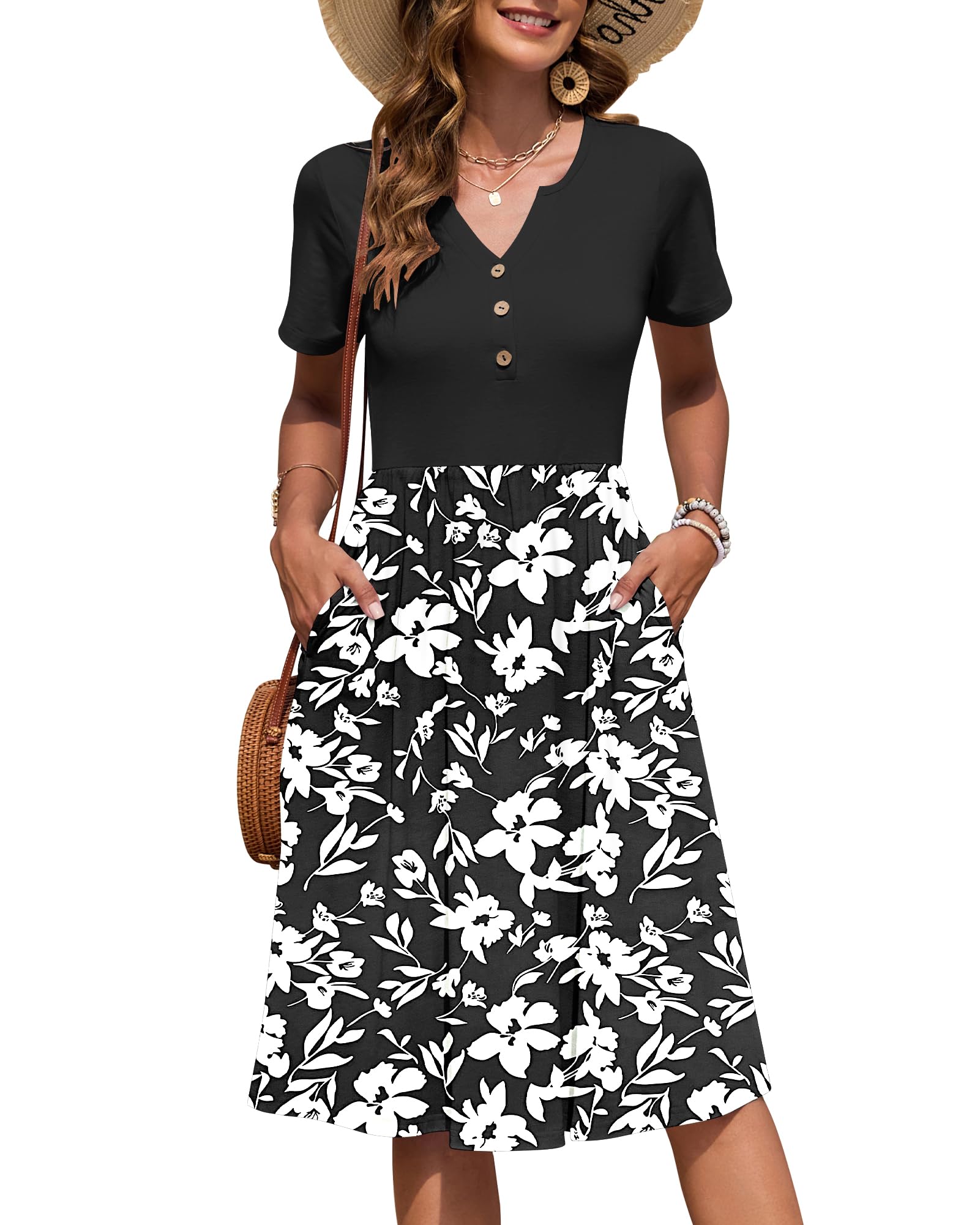 Auselily Women's Black White Flower Summer Knee Length V Neck Dress