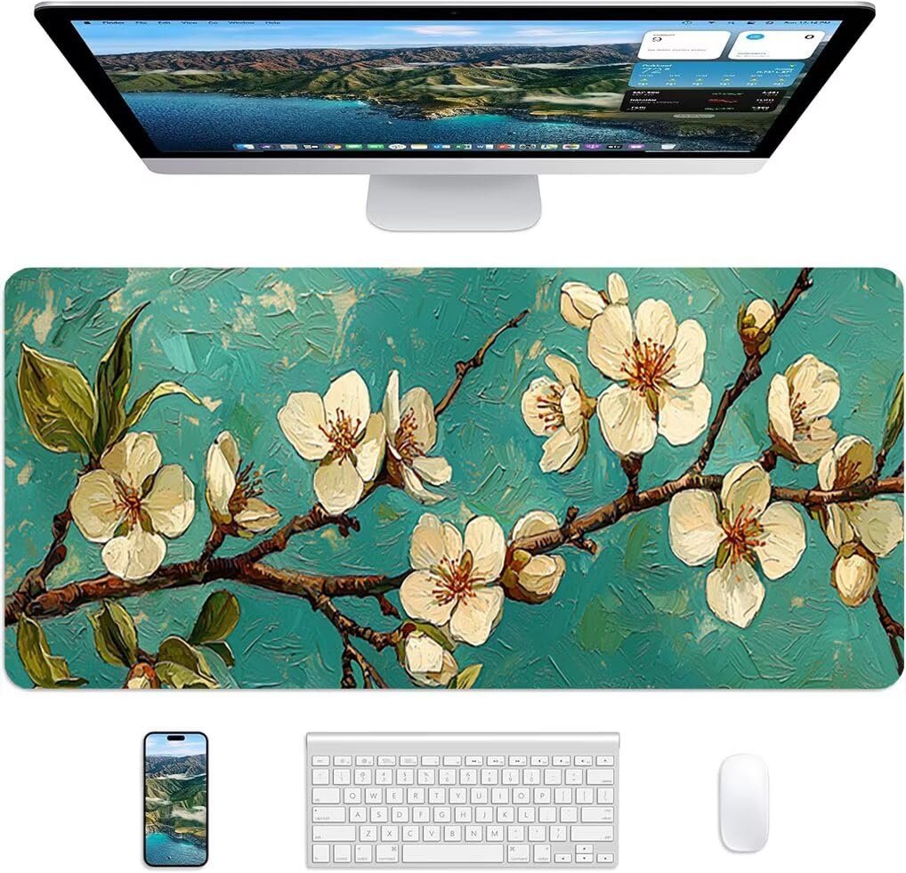 Wxuaixnn Fiore Tappetino per Mouse Gaming XXL, 160x80cm Tappetino da Scrivania, Blu Impermeabile Mousepad con Bordi Cuciti per Gamer e computer portatilea, Migliora la Precisione e la velocità -9645