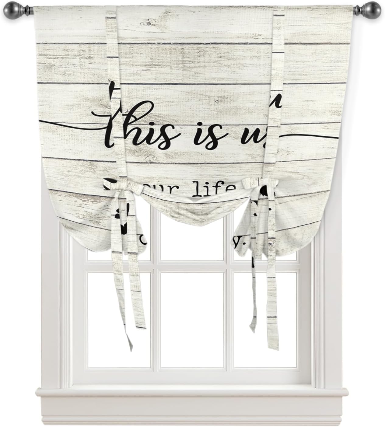 Yukro Tie Up Curtains Window Shades, This is Us Our Life Our Story Our Home Rod Pocket Tie Up Window Shade, Adjustable Balloon Curtain Shade for Blinds Kitchen Bathroom, 1 Panel, 52"x63"