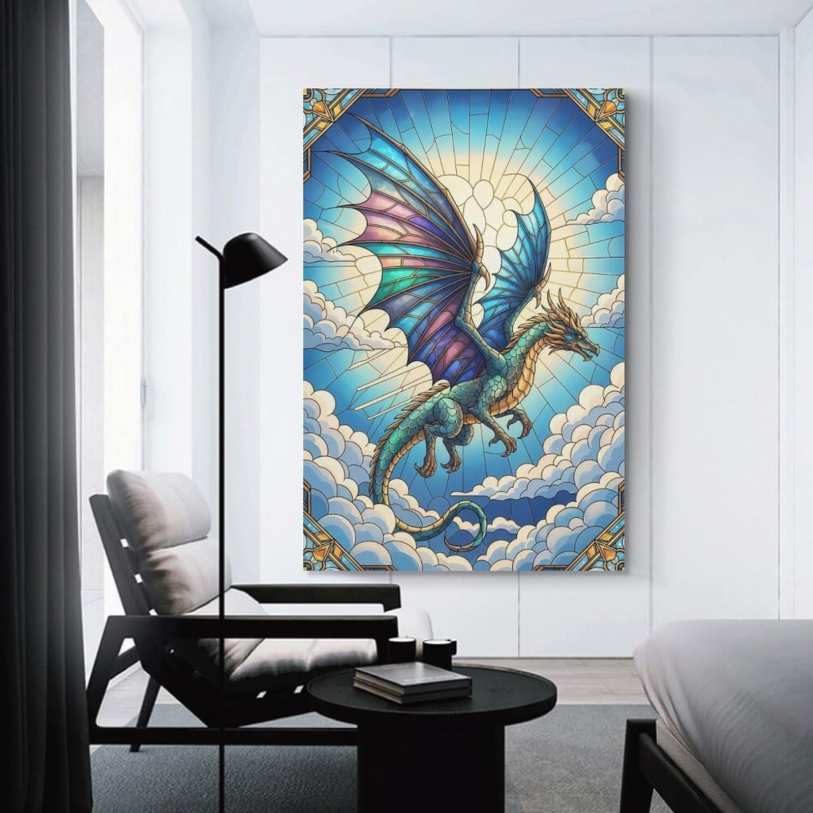 Junmoney Stained Glass Dragon in The Sky Room Decor Wall Art 24x36inch(60x90cm), for Bedroom, Guest Room Or Reading Nook, An Easy Wall Refresh for Bedrooms