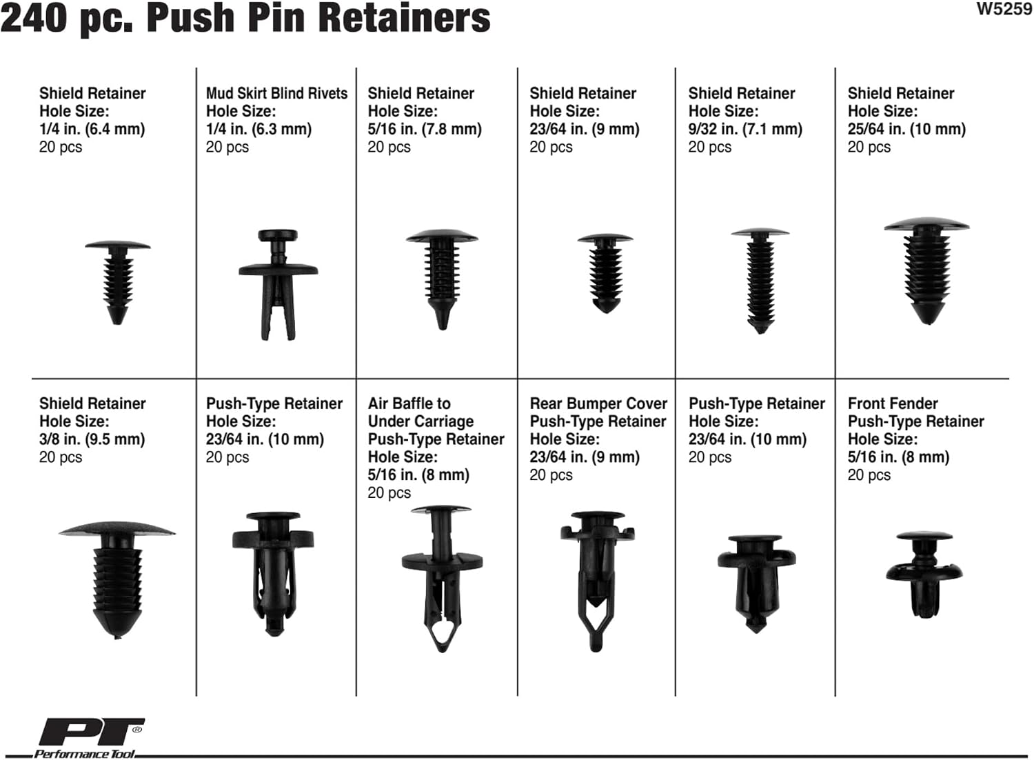 Performance Tool W5259 240Pc Bumper Retainer Clips Car Plastic Rivets Fasteners Push Retainer Kit & Trim Rivet Removal Tool for Fasteners, Car Panel Door Interior, or Window Trim