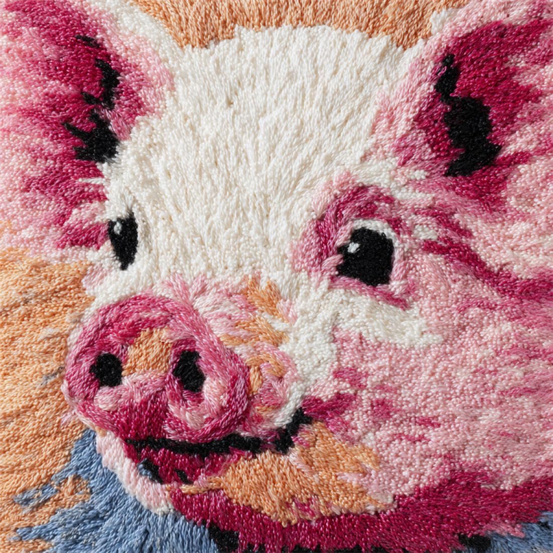 Kitquiver Animal Latch Hook Cushion Craft Kits Pig Portrait Latch Hook Kit Pillow DIY Rug Crochet Hook Cushion Making Kits with Preprinted Pattern Canvas 17x17In