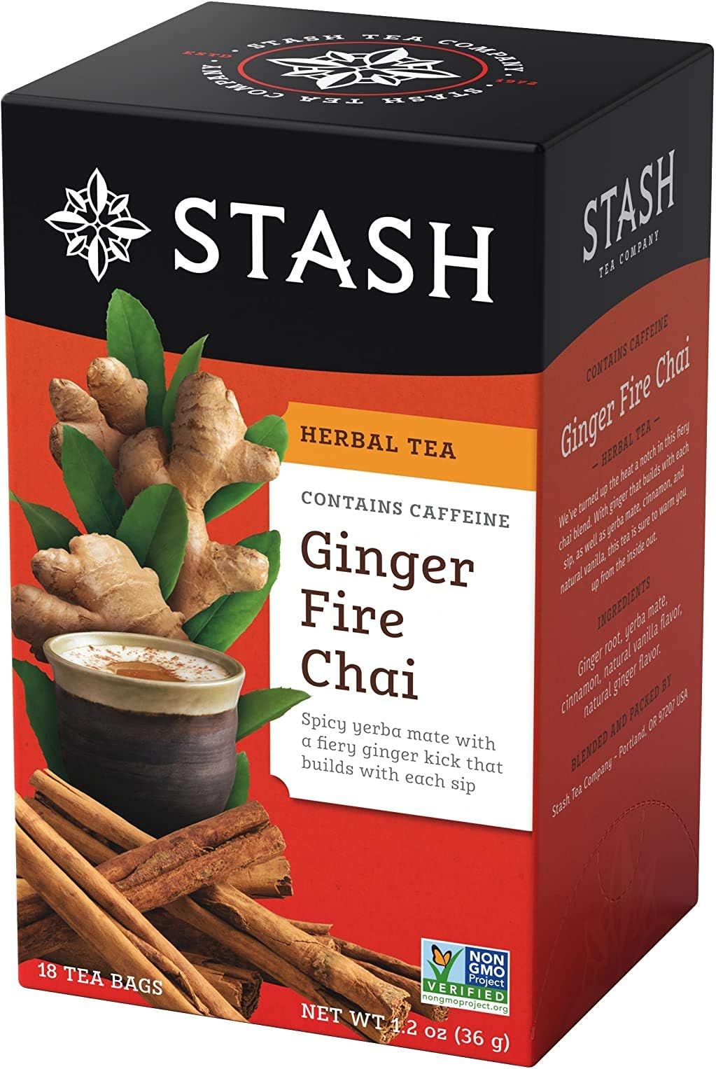 Stash TeaGinger Fire Chai Yerba Mate & Herbal Tea Blend 18 Count Box of Tea Bags in Foil (Pack of 6)